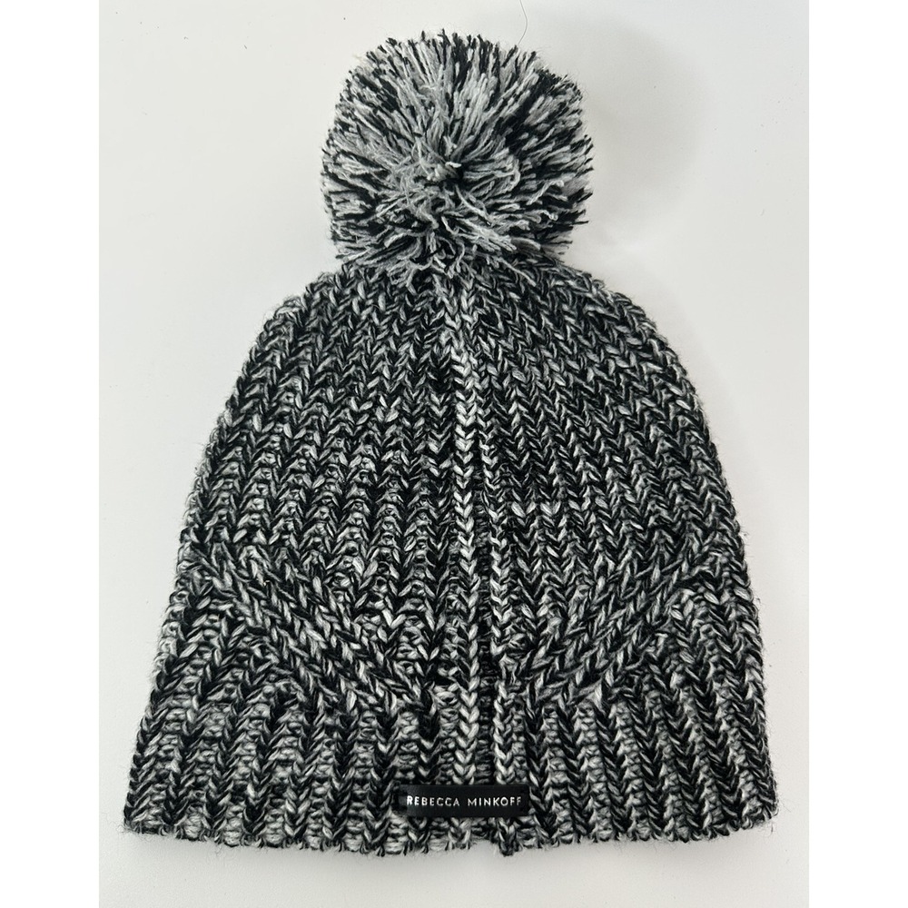 Rebecca Minkoff Black‎ & White Knit Pom Beanie Hat Winter Warm